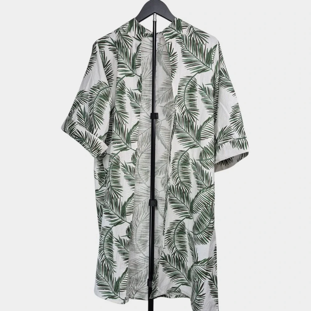 Mirror Image Womens Size S Palm Tropical Leaf Open Swim Cover Tunic Linen Cotton - Picture 1 of 10